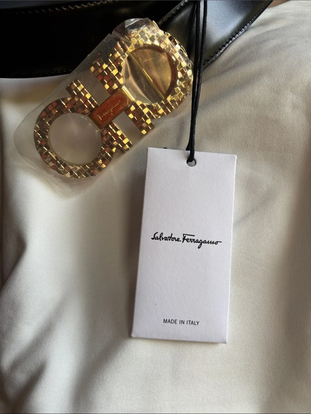 Salvatore Ferragamo Black Leather Belt with Gold Mosaic Gancini Buckle
